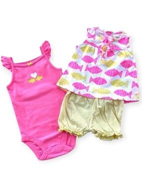 Carter’s Baby Girl 3pc Set 9M Pink Fish Bodysuit Tank & Striped Shorts